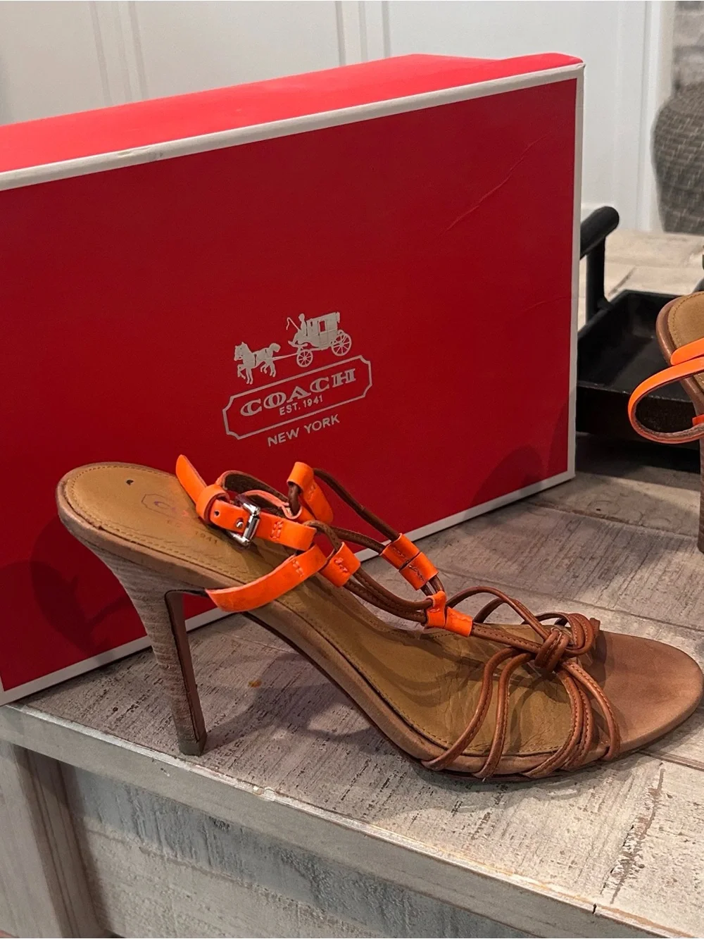 Coach Brown Leather Strappy Heels with Orange Fluorescent Accents